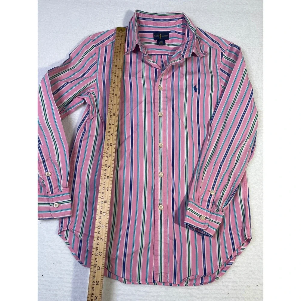 Ralph Lauren Kids Pink Multi Stripe Button Down Shirt Boys Size M 10-12 Cotton
